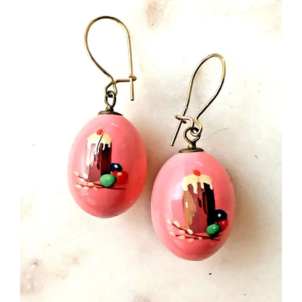 Vintage Pink Easter Egg Earrings Hand Painted Hook Dangle 7/8" Signed